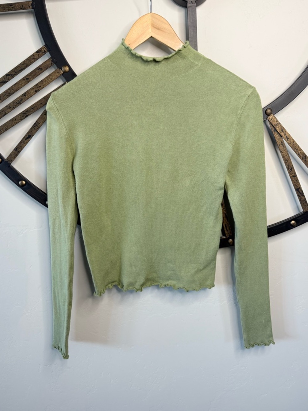 Cotton On Sage Green Lettuce-Edge Mock Neck Long Sleeve Top